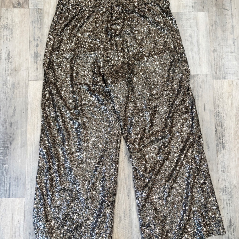 Banana Republic Womens XL Sequin Wide Leg Pants Bronze Silver Elastic Waist Luxe